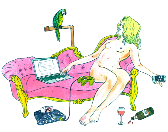 Animated Illustration from Julia Mercanti of blonde women scrolling the internet on her lap top while reclining on pink and gold couch