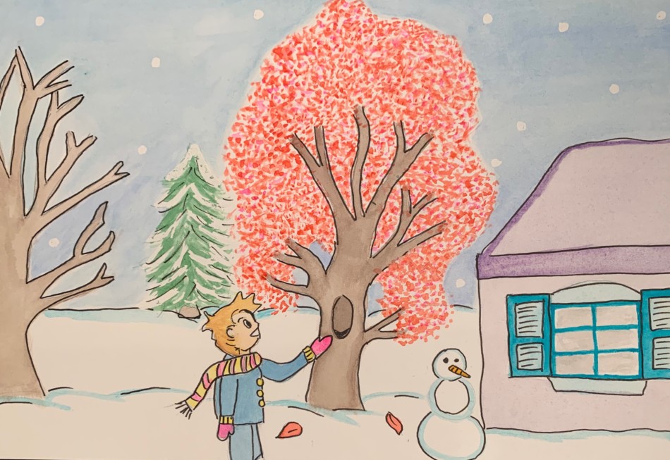 Cartoon illustration of little boy on a winter day