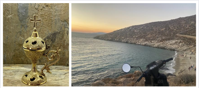 Greek Orthodox Livani Incense beside photo of Kapari Beach Mykonos at Sunset