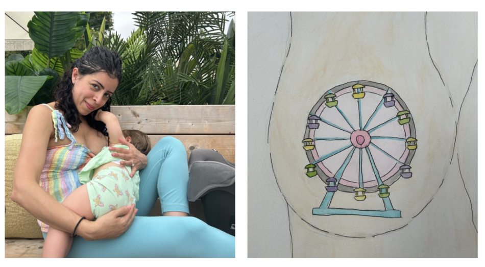 Left: an upbeat moment of breastfeeding. Right: my attempt at a watercolour illustration of the ups and downs of breastfeeding with a ferris wheel at the nip