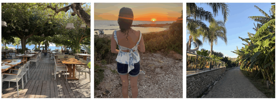 Zoe Seaside Resort, Romanos Beach at sunset and Gialova Town