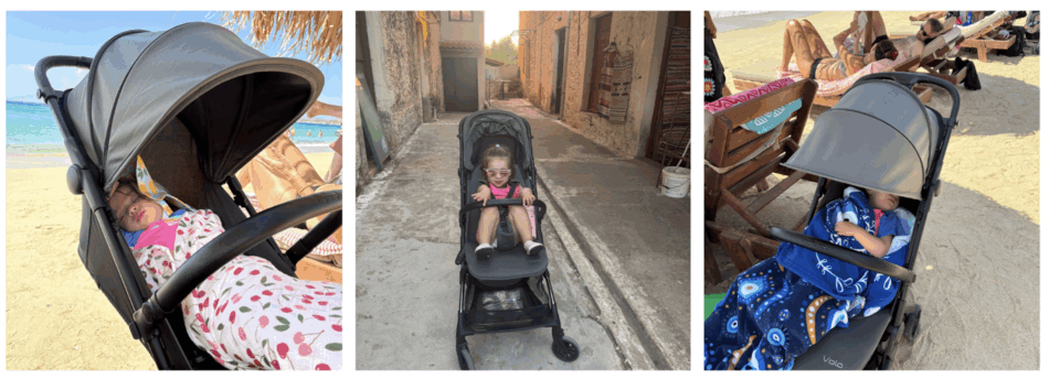 Baby sleeping on beach in peg perego volo stroller